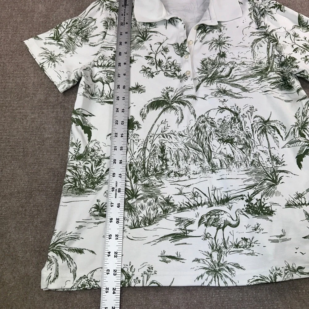 Lands End Womens Green White Tropical Toile Polo Shirt M 10-12 Palm Bird Cotton